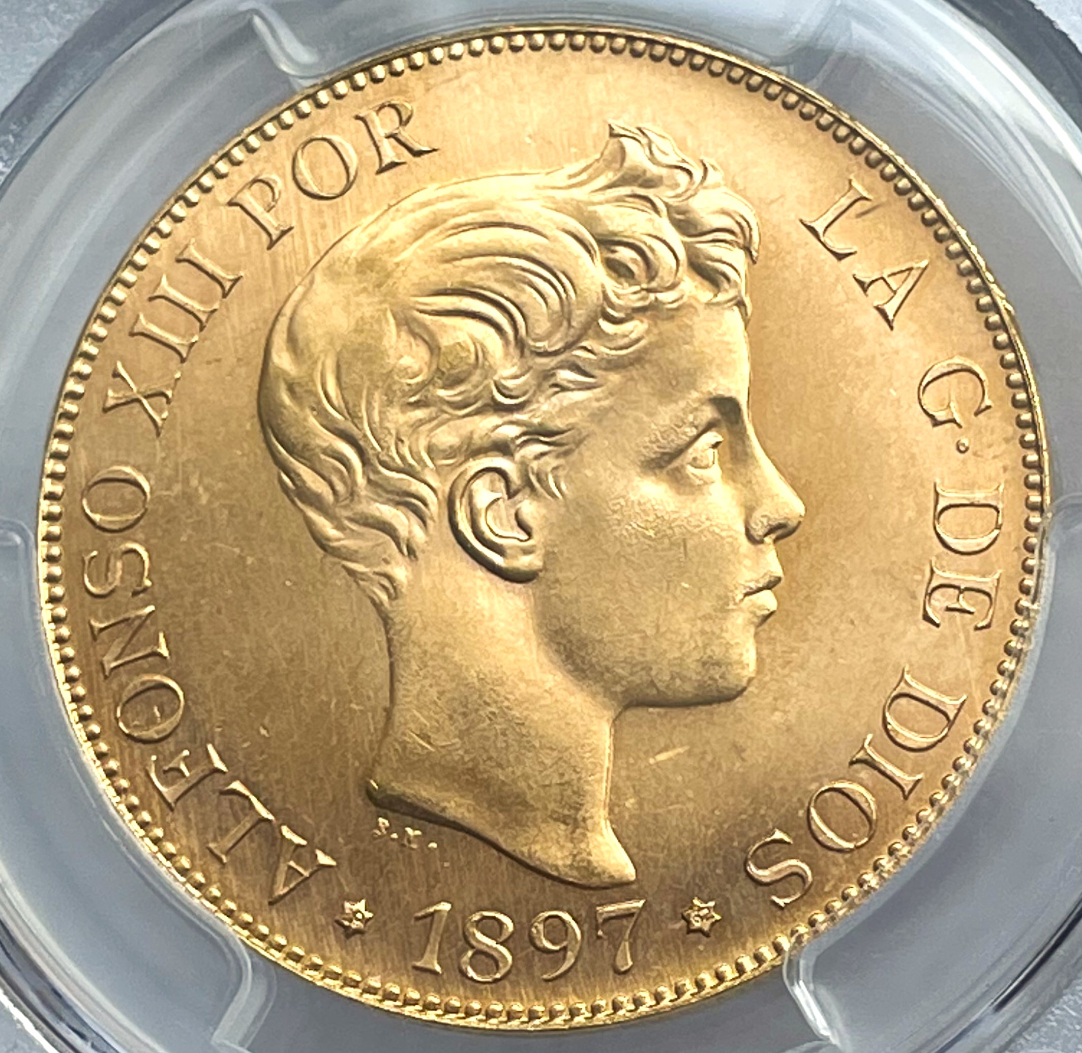 スペイン 100ペセタ金貨 アルフォンソ13世 少年像 リストライクタイプ 1897(62) 準最高鑑定 MS65 総鑑定枚数45枚