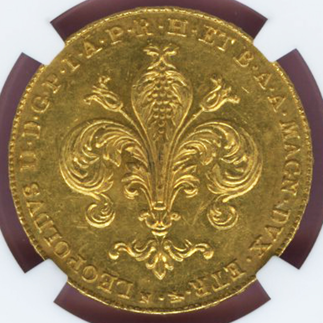 イタリア トスカーナ大公国 80フローリン金貨 レオポルド2世 / フルール・ド・リス 1827 高鑑定 MS63 / 総鑑定枚数15枚