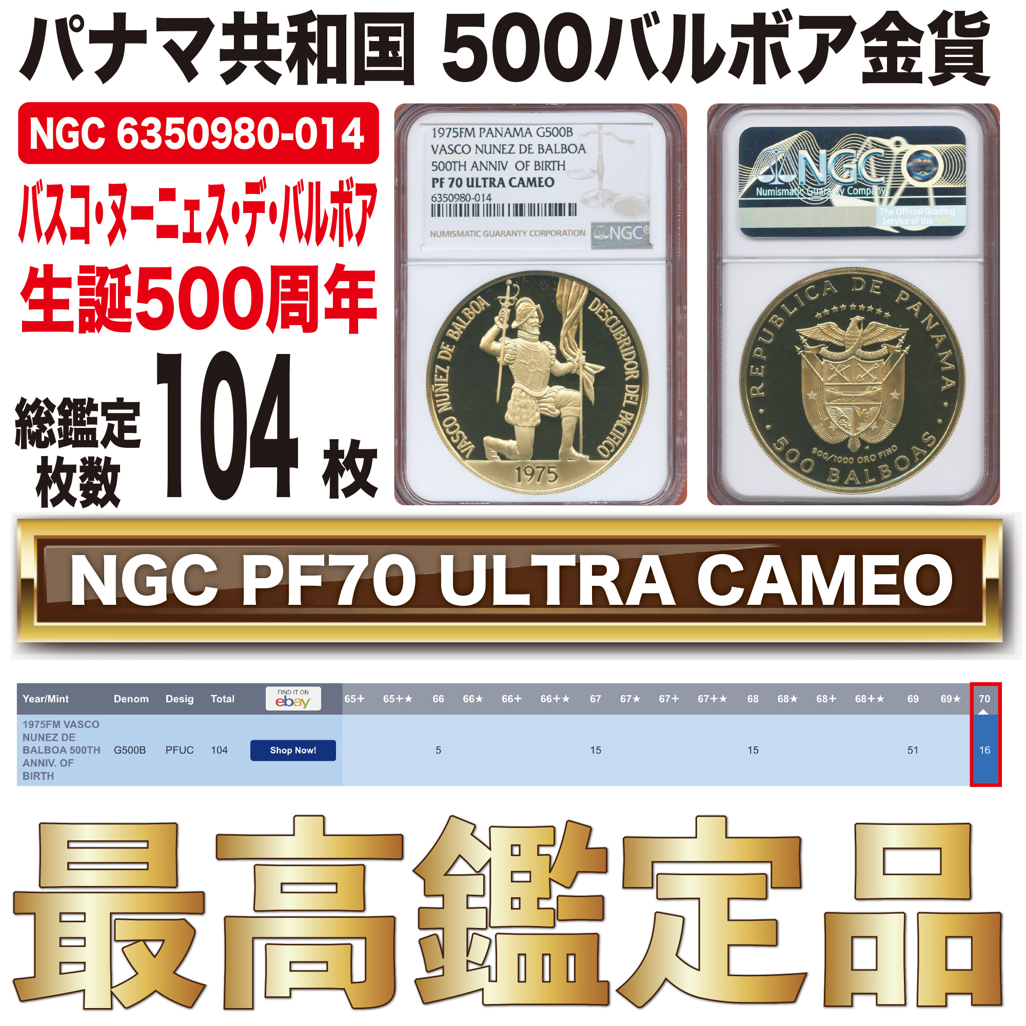 全コイン :: モダン :: パナマ共和国 500バルボア金貨 バスコ