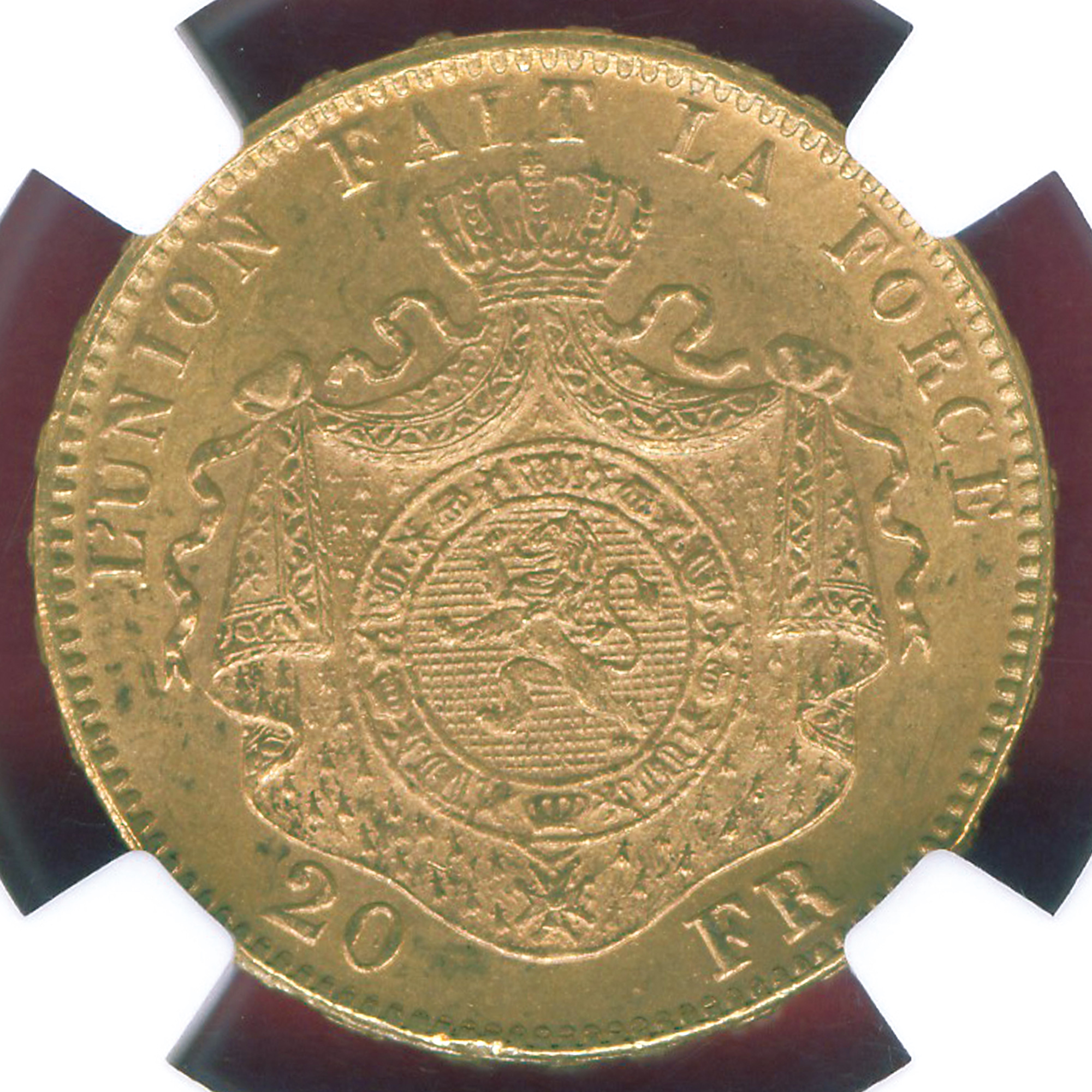 ベルギー 20フラン金貨 レオポルド2世 / ベルギー国章 1875 MS65 / 高鑑定