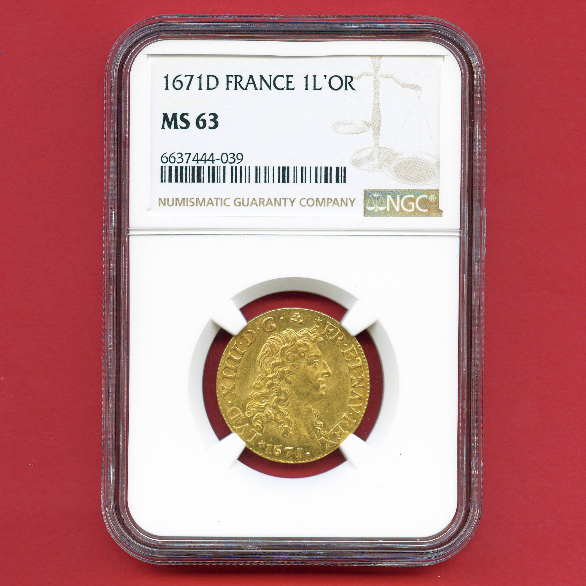 フランス ルイドール金貨 ルイ14世 王室の紋章と王冠 1671D 最高鑑定 MS63 総鑑定枚数2枚