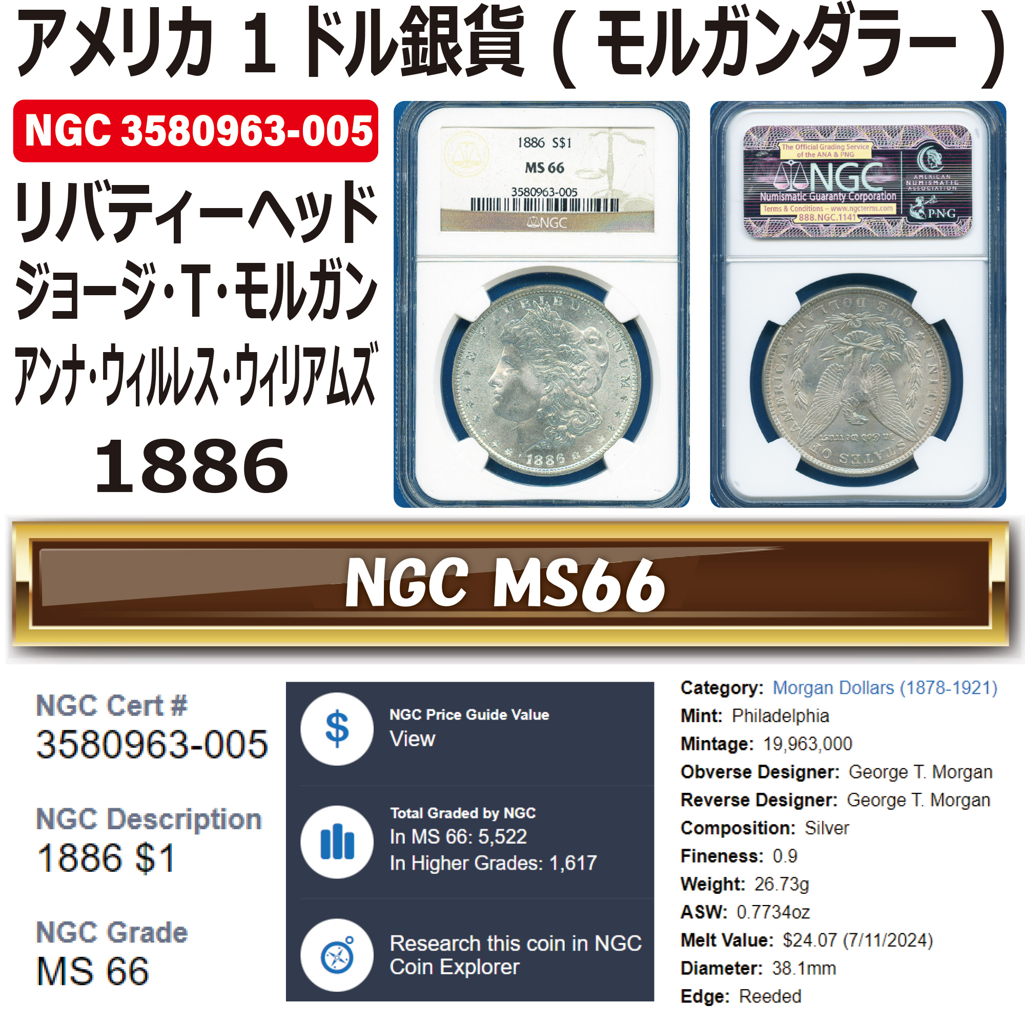 全コイン :: アンティーク :: アメリカ 1ドル銀貨 (モルガンダラー) リバティーヘッド / ジョージ・T・モルガン 1886 MS66 -  アンティークコイン