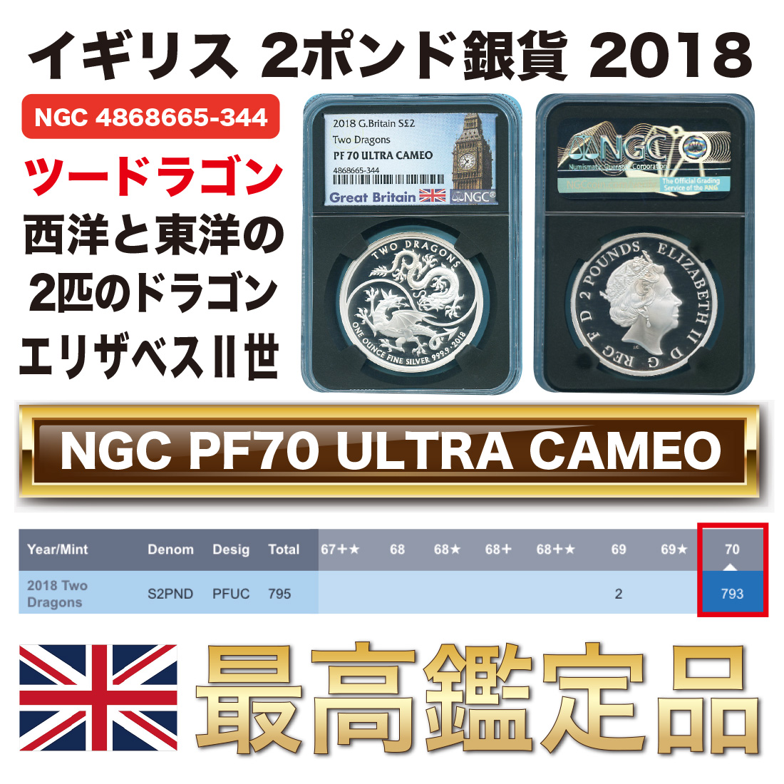 2018年 イギリス 銀貨 NGC PF70UC 2ポンド 龍 竜 モダンコイン ...